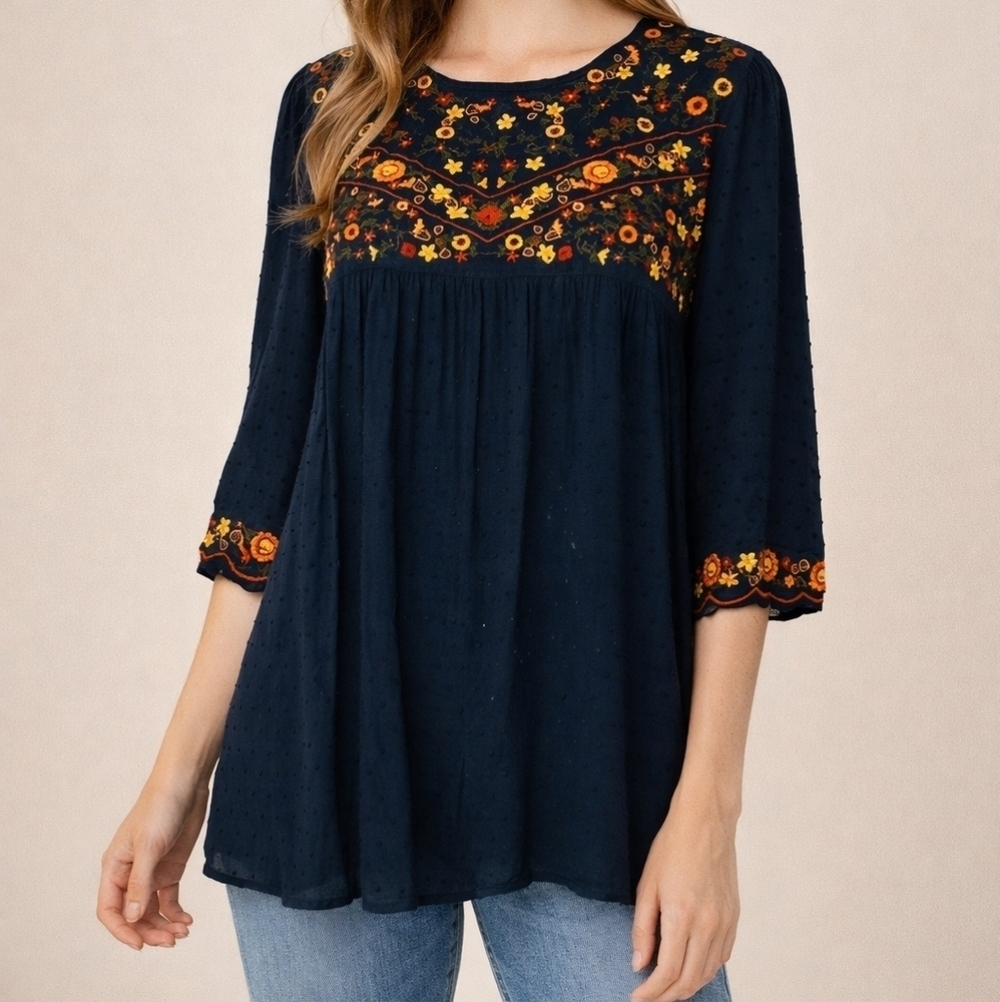 TEA N ROSE Floral Embroidered Navy Blue Half Sleeve Swiss Dot Boho Top